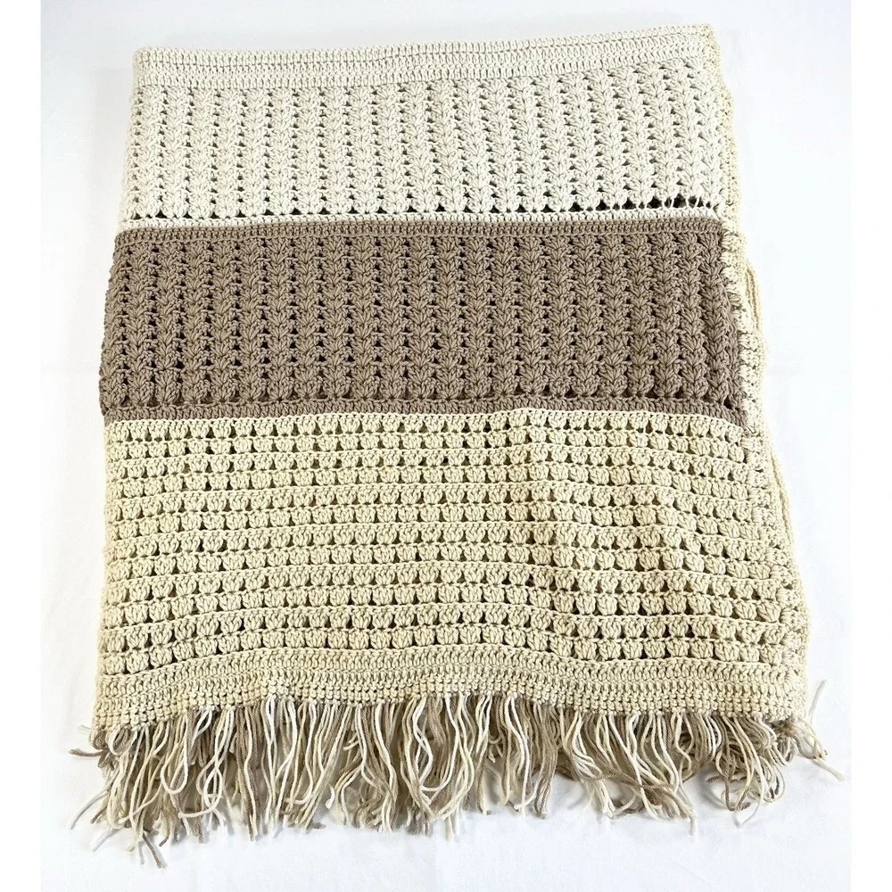 Vintage Waffle Stitch Crochet Afghan Blanket Fringed Throw Large‎ Tan Cream Boho